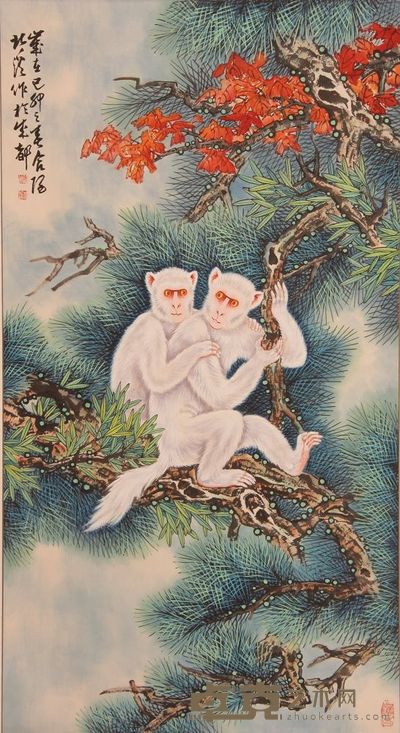 《工笔双猴》立轴 100×54 cm