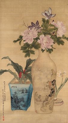 任颐 钱慧安 张兆祥 张翼 1893年作 花卉 立轴