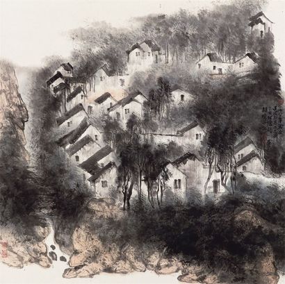 何怀硕 1982年作 山村 镜框