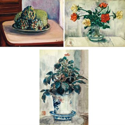 王济远 1950年  约1940-1950年代 1954年作 静物 （水果及瓜） 花与青花盆 瓶花 （玫瑰） （共三件）