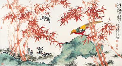 康宁 癸未（2003年）作 丛竹锦鸡 镜心