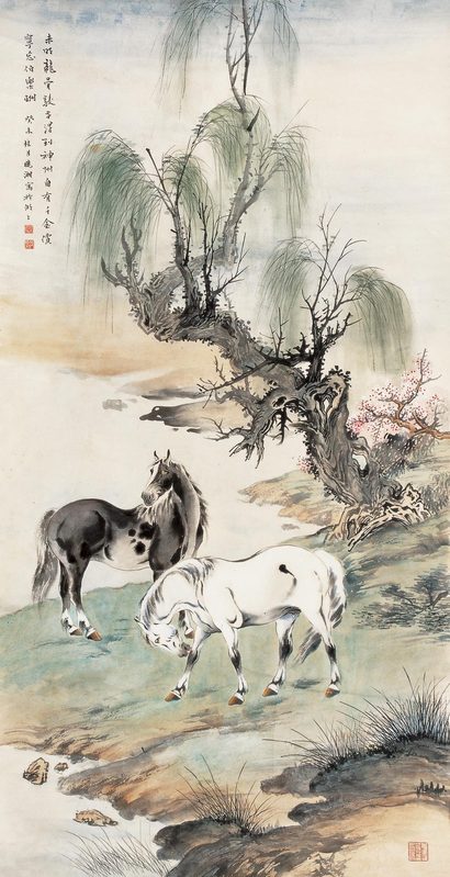 戈晓湘 癸未（2003年）作 柳荫双骏图 镜心