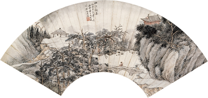 明俭 松溪观瀑 扇面