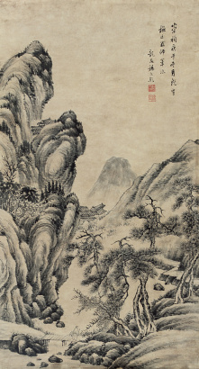 杨文聪 （款） 庚午（1630年）作 秋山萧寺图 镜心