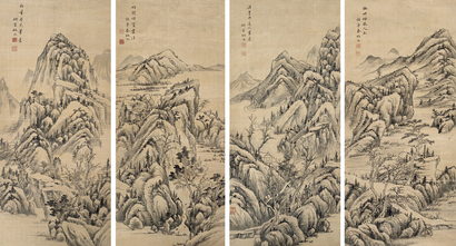 秦炳文 仿古山水 四屏