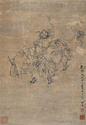 李世倬 （款） 甲戌（1754年）作 钟馗骑狮图 立轴