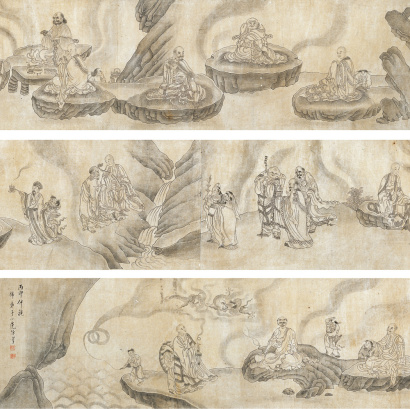 陈小莲 （款） 丙申（1656年）作 十八罗汉图 手卷