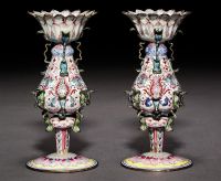 QIANLONG A PAIR OF RARE FAMILLE ROSE CANTON ENAMEL CANDLE-HOLDERS