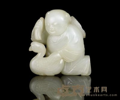 MING DYNASTY A PALE CELADON JADE CARVING OF A BOY AND GOOSE 高6cm