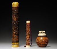 19TH CENTURY A RARE CARVED BAMBOO DOCUMENT HOLDER，A BAMBOO PARFUMIER AND A MOULDED GOURD CRICKET CAGE