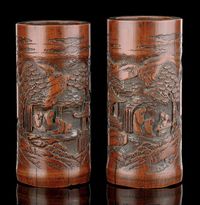 19TH CENTURY A MIRRORED PAIR OF BAMBOO BRUSHPOTS