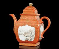 REPUBLIC PERIOD A CORAL GROUND AND GILT DECORATED TEAPOT AND COVER WITH EN GRISAILLE PANELS