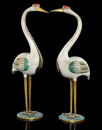 19TH CENTURY A PAIR OF CLOISONN? ENAMEL CRANES