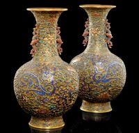 19TH CENTURY A PAIR OF CHAMPLEV? ENAMEL AND GILT BRONZE VASES