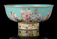 20TH CENTURY A FAMILLE ROSE TURQUOISE-GROUND ‘BOYS’ BOWL