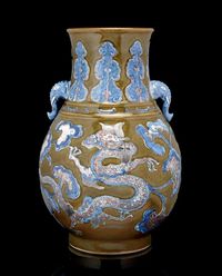 20TH CENTURY A TEADUST-GLAZED HU VASE WITH UNDERGLAZE RED AND BLUE DECORATION