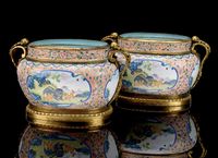 18TH CENTURY A PAIR OF SMALL CANTON ENAMEL AND GILT ORMULU-MOUNTED JARDINIERES