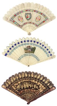 CIRCA 1800 AN IVORY BRISE FAN，ANOTHER BONE，AND A THIRD LACQUER FAN