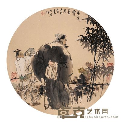 刘大为 1994年作 东篱赏菊图 镜心 直径35cm