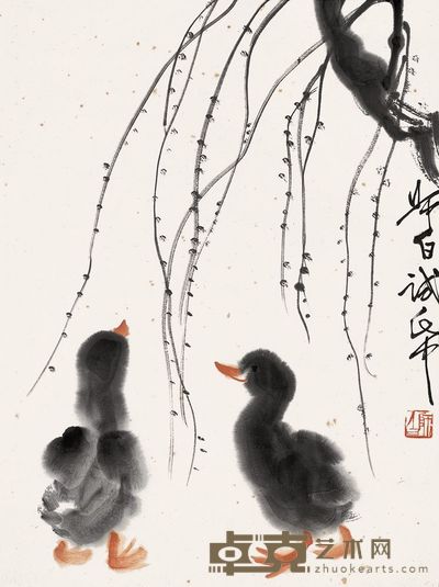 娄师白 垂柳双鸭 镜心 46×34cm