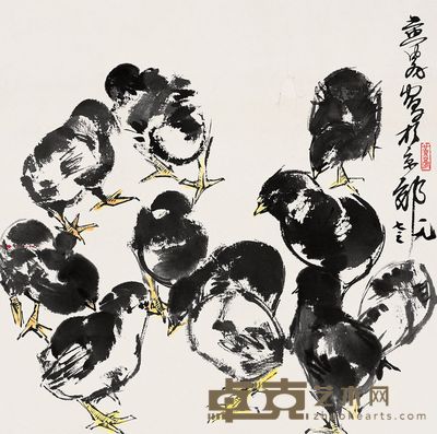 黄胄 1973年作 雏鸡图 镜心 34×34cm