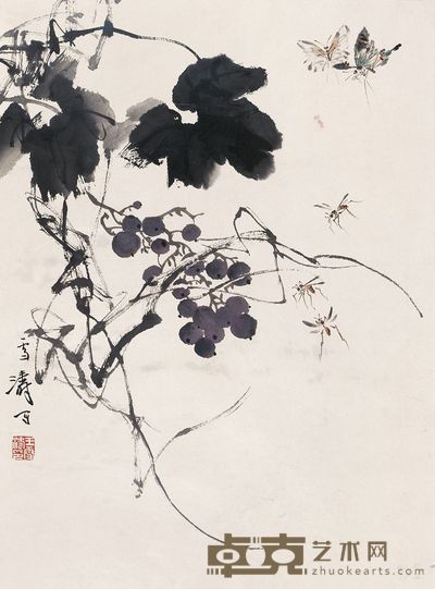 王雪涛 葡萄蝶蜂图 镜心 46×34.5cm