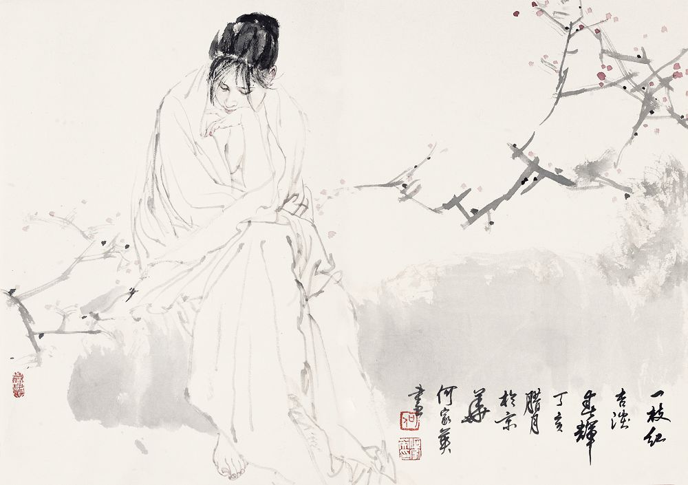 何家英 2007年作 一枝红杏淡春晖 镜心44.5×63.5cm