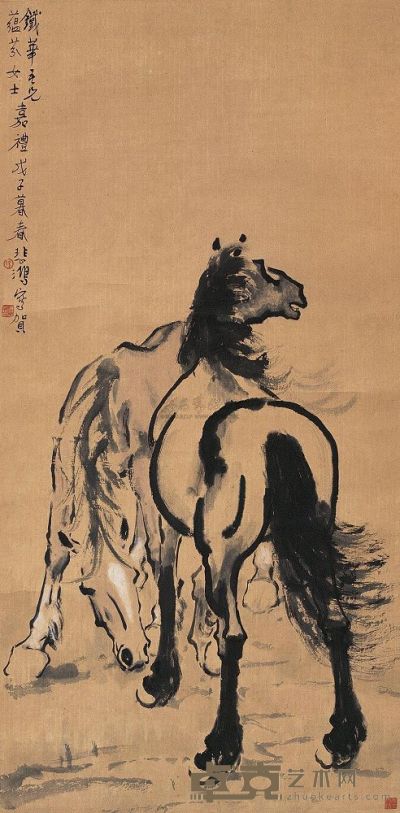 徐悲鸿 戊子（1948年）作 双骏图 镜心 108×53cm