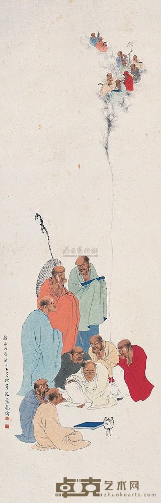 沈景乾 戊辰（1928年）作 十八罗汉图 立轴 133×43cm