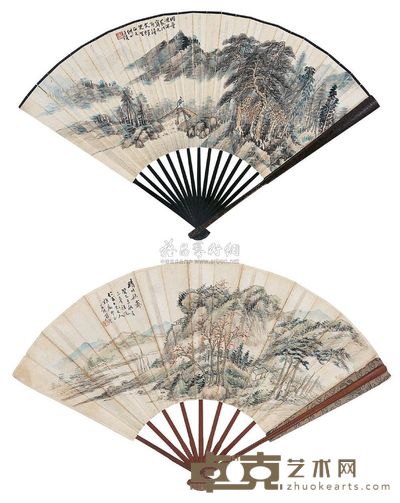 汪琨 符铁年 顾沄 文熊 癸巳(1893年)作 董米山水 书法 晴川秋霁 书法 成扇 19×49cm;19×51cm