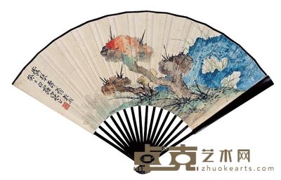 江寒汀 应燡 癸巳(1954年)作 灵芝彩石 书法行书 成扇 18×51cm