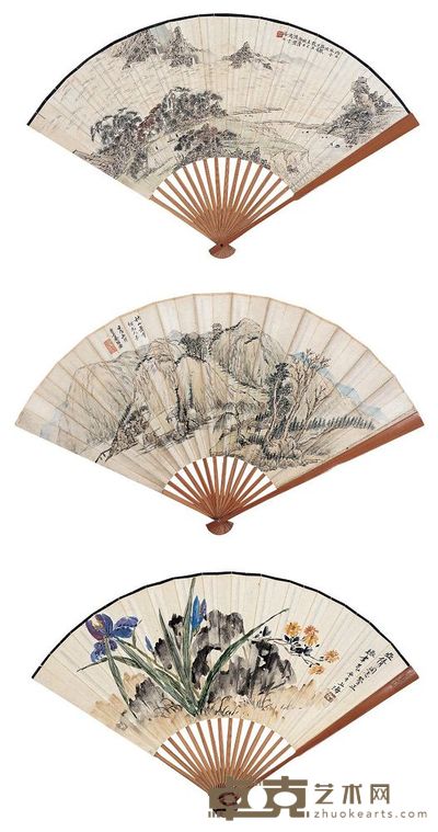 陆洁 秦岱源 张聿光 辛巳(1941年)作;癸酉(1933年)作 细笔山水 溪山幽径 兰石图 成扇 18×50cm;21×51cm;19×47cm