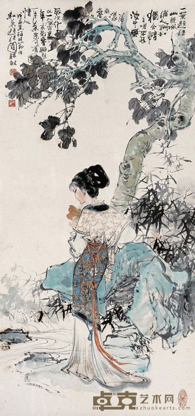 韩敏 戊辰（1988年）作 红叶题诗图 镜心 95×45cm