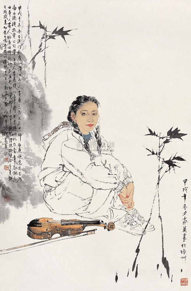 何家英 甲戌（1994年）作 少女提琴 立轴97×64cm