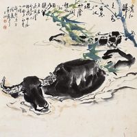 蔡鹤汀 癸丑（1973年）作 细雨戏双牛 立轴