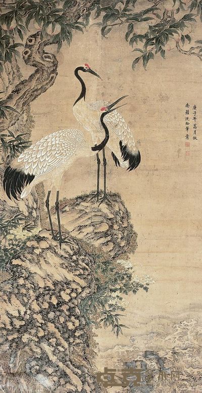 沈铨 庚子（1720年）作  双鹤嵩寿 立轴 175×91cm