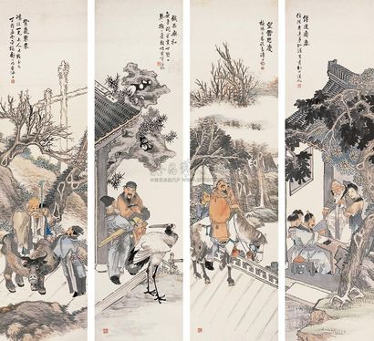 舒浩 丁酉（1897年）作 人物故事 四屏