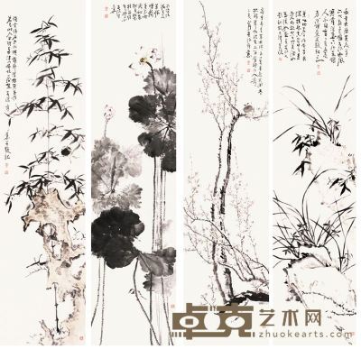 霍春阳 1995年作 花鸟 四屏 248×61cm×4