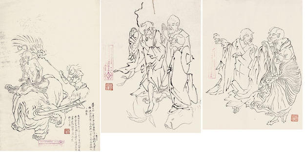 张泽 白描罗汉 （三帧） 镜心