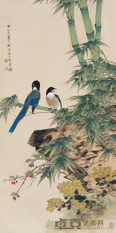 田世光 翠竹双雀 镜心 136×69cm