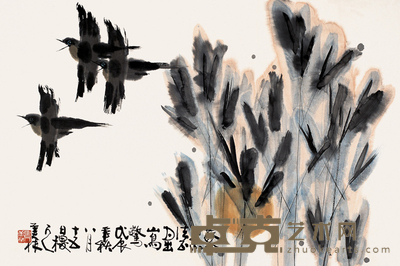韩美林 1988年作 日出山鸟惊 镜心 68.5×103cm