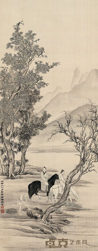 陈缘督 1927年作 溪岸饮马 镜片 81.5×32cm