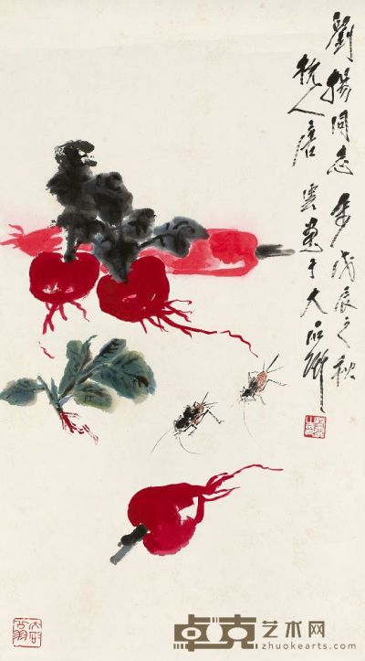 唐云 1988年作 蟋蟀红萝 立轴 68×37.5cm