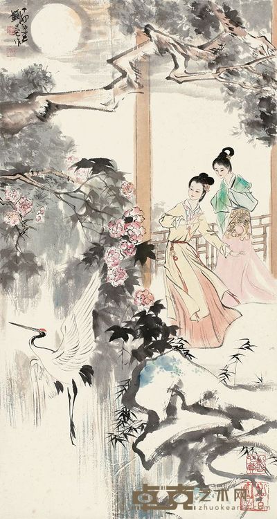 刘旦宅 1987年作 月夜放鹤 立轴 89×47.5cm