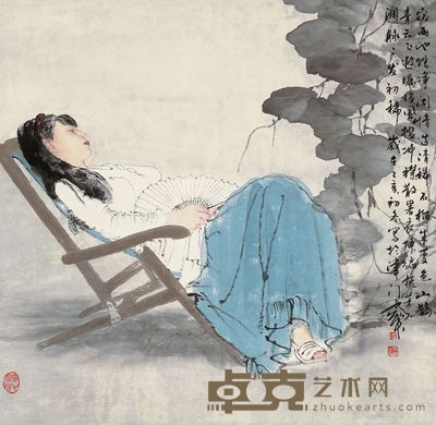 何家英 1995年作 纳凉图 镜片 65.5×67cm