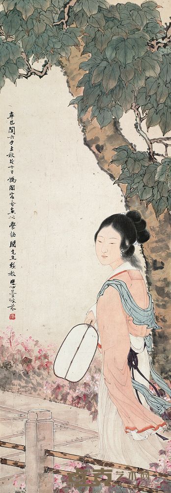 邓芬 1941年作 纨扇赏秋 镜心 106.5×37cm
