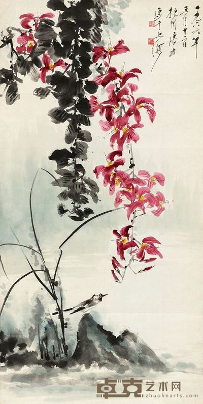 唐云 1966年作 灵霄白头 镜片 137.5×69cm