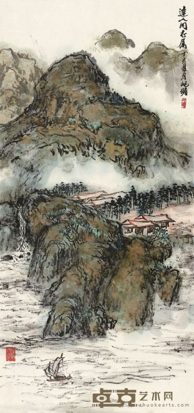 朱屺瞻 1977年作 春江帆影图 镜框 94×44.5cm