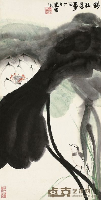 刘旦宅 1977年作 荷花小鸟轴 立轴 69.5×35.5cm