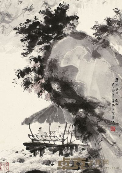 傅抱石 1948年作 溪亭论道图 镜片 46.5×33cm